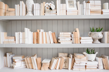 Vintage reading room with old books..