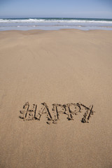 Naklejka na ściany i meble happy text in sand beach