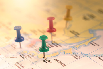 Travel concept with several pushpins on map,color filter effect