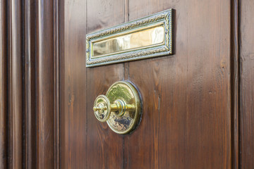 Wooden entrance door with golden handle