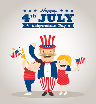 Uncle Sam Cartoon With Kids, Happy 4th Of July Independence Day