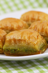 Pistachio baklava, closeup
