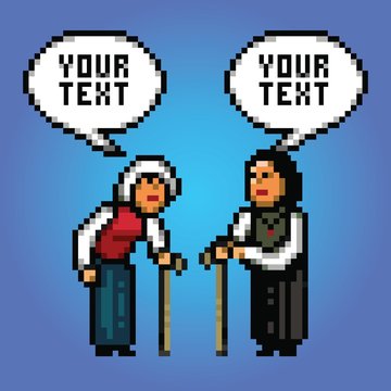 two mature women grandmother talking with speech bubbles pixel art style