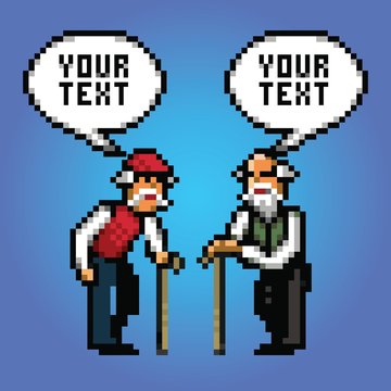 two mature grandfather talking with speech bubbles pixel art style