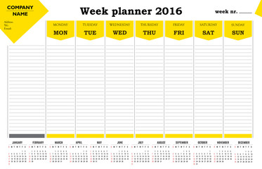 Week planner 2016 calendar - yellow design