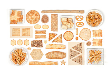 crackers and snacks on white background