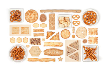crackers and snacks on white background