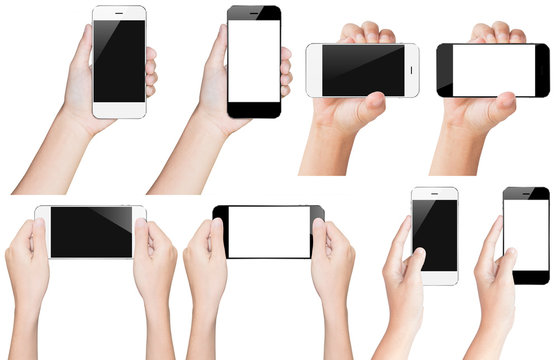 hand hold smartphone black and white isolated with clipping path