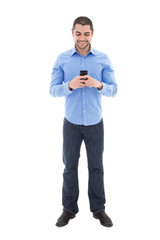 full length portrait of handsome arabic man in blue shirt with s
