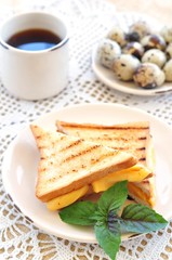 cheese sandwich,boiled quail eggs and coffee. breakfast