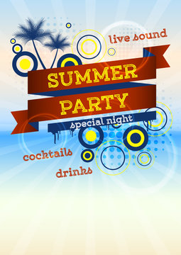 Summer party poster with palms, halftone effect and red ribbon