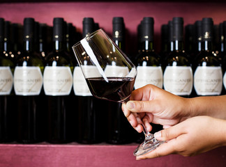 red wine glass against wine cellar