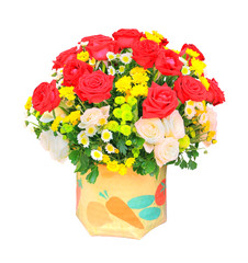 red and white roses flowers bouquet and yellow tulip in bucket i