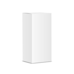 Blank vertical paper or cardboard box template standing on white