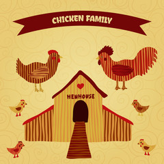 organic farm funny cartoon poster with family chicken: cock, hen with chickens, hen house. Hand drawn retro vector illustration © kateja