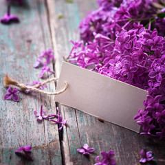 Obraz na płótnie Canvas Postcard with elegant lilac flowers and empty tag for text