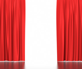 Open red silk curtains for theater and cinema with a white