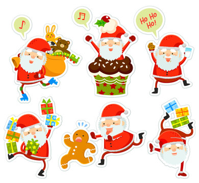 collection of funny cartoon Santa Clauses in different poses