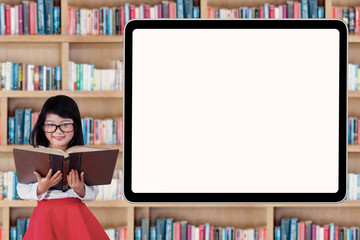 Cute student with whiteboard in library