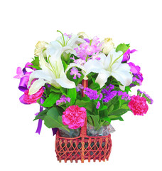 white lily flower bouquet decorated with tropical orchid and gre