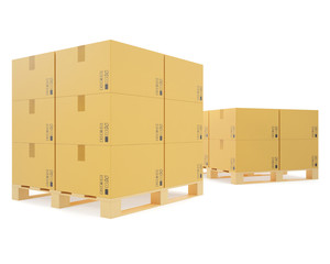 Warehouse concept of stacked cardboard boxes on wooden pallets