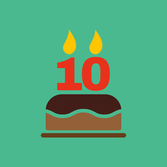 The birthday cake with candles in the form of number 10 icon. Birthday symbol. Flat