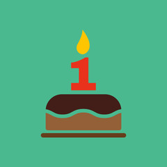 The birthday cake with candles in the form of number 1 icon. Birthday symbol. Flat