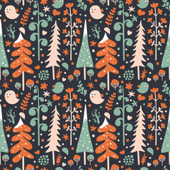 Forest seamless pattern with trees, mushrooms and birds