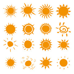 Hand drawn set of different suns isolated. Vector illustration. Elements for design