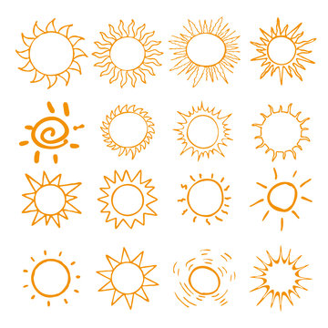 Hand drawn set of different suns isolated. Vector illustration. Elements for design
