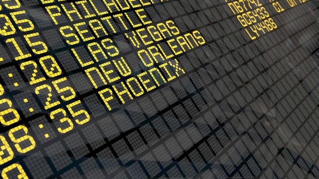 4K - Airport Departure Board with USA cities destinations
