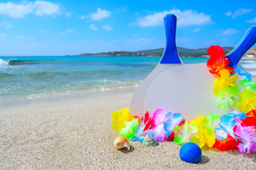 rackets and shells on a tropical beach