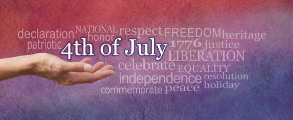 Commemorate 4th of July  word cloud - female with open palm  with the words '4th of July' floating...