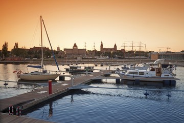 Yacht marina at sunset in Szczecin, Poland