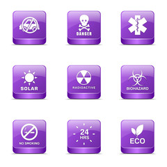 Warning Sign Square Vector Violet Icon Design Set