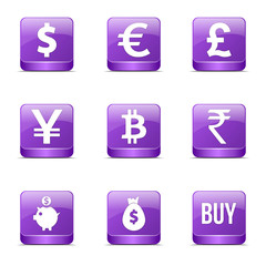 Currency Sign Square Vector Violet Icon Design Set