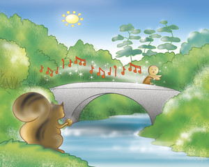 The gingerbread boy is singing and running on a bridge. Digital illustration a fairy tale.