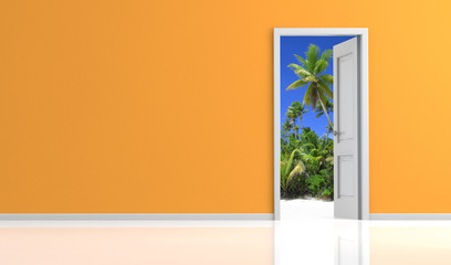 Fototapeta premium orange wall and white door open on a tropical landscape