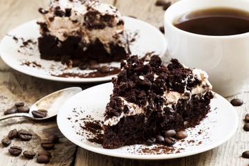 Delicious chocolate coffee cake with butter cream, selective foc