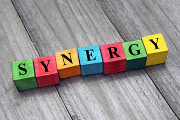 word synergy on colorful wooden cubes