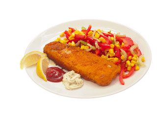 fried breaded fish with sweet corn, celery and paprika salad