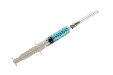 Plastic disposable syringe with a needle in a protective cap wit