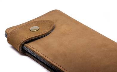 Handmade leather wallet on white background