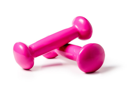 a pair of light weight dumbbells on a white background