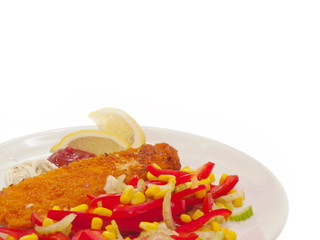 fried breaded fish with sweet corn, celery and paprika salad