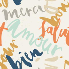 Seamless French inscriptions. Love, thank you, hello. A set of w