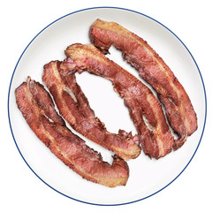 Four Fried Belly Bacon Rashers in Porcelain Plate, Isolated on White Background.