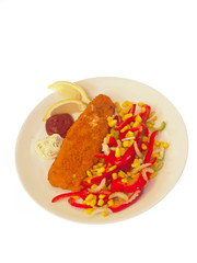 fried breaded fish with sweet corn, celery and paprika salad
