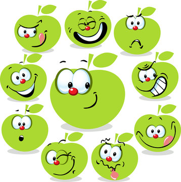 green apple icon cartoon with funny faces isolated on white