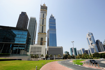 Skyscrapers of Dubai World Trade center rising into the sky